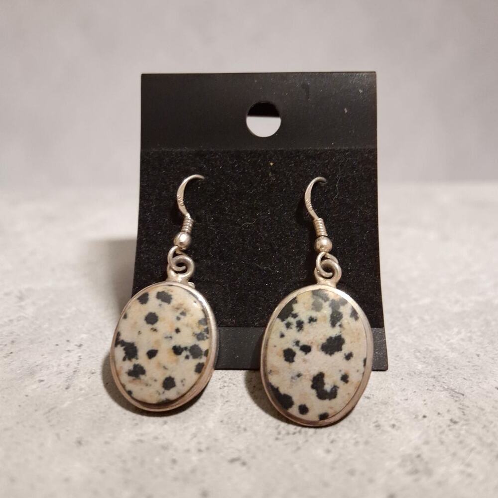 Dalmatian Jasper Hook Earrings Sterling Sil er 925